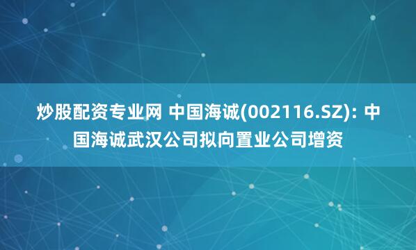 炒股配资专业网 中国海诚(002116.SZ): 中国海诚武汉公司拟向置业公司增资